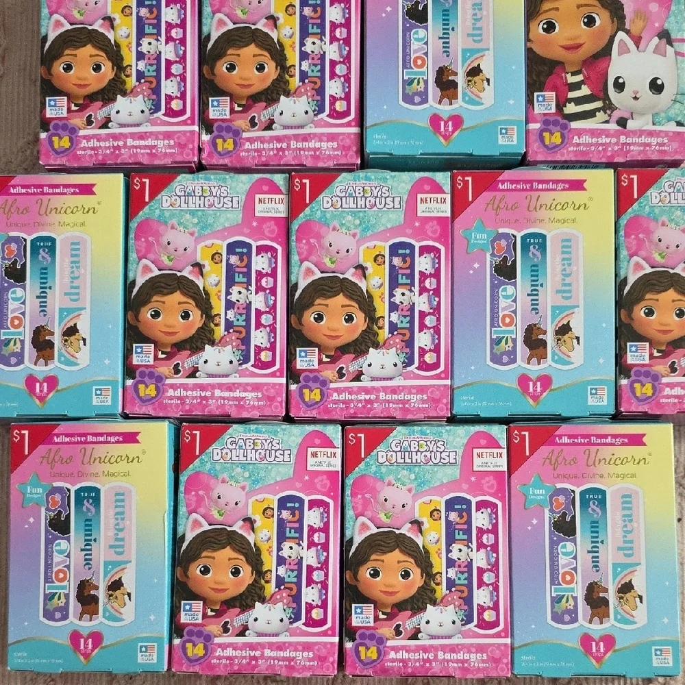 Gabby's Dollhouse And Afro Unicorn Adhesive Bandages,‎ 13 Boxes, New